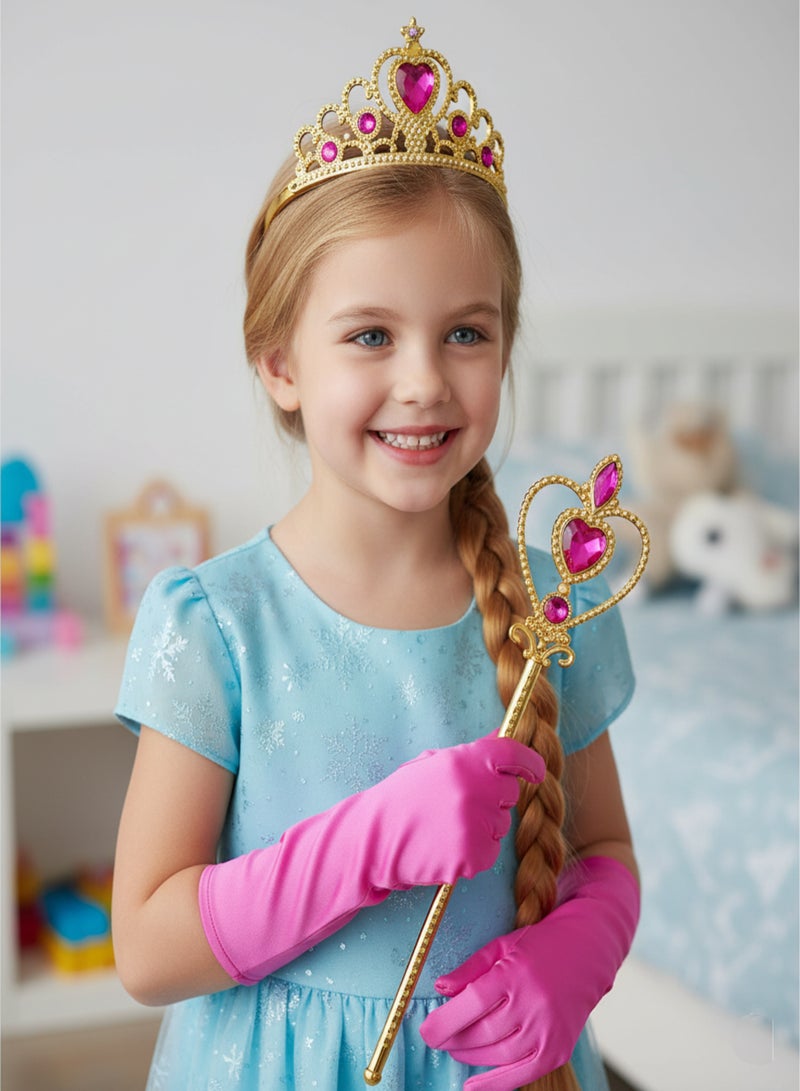 Rally Princess Costume Accessory Set for Girls – Gold Crown with Pink Rhinestones + Magic Wand + Blonde Hair Braid + Long Gloves – Suitable for Parties - Image 1