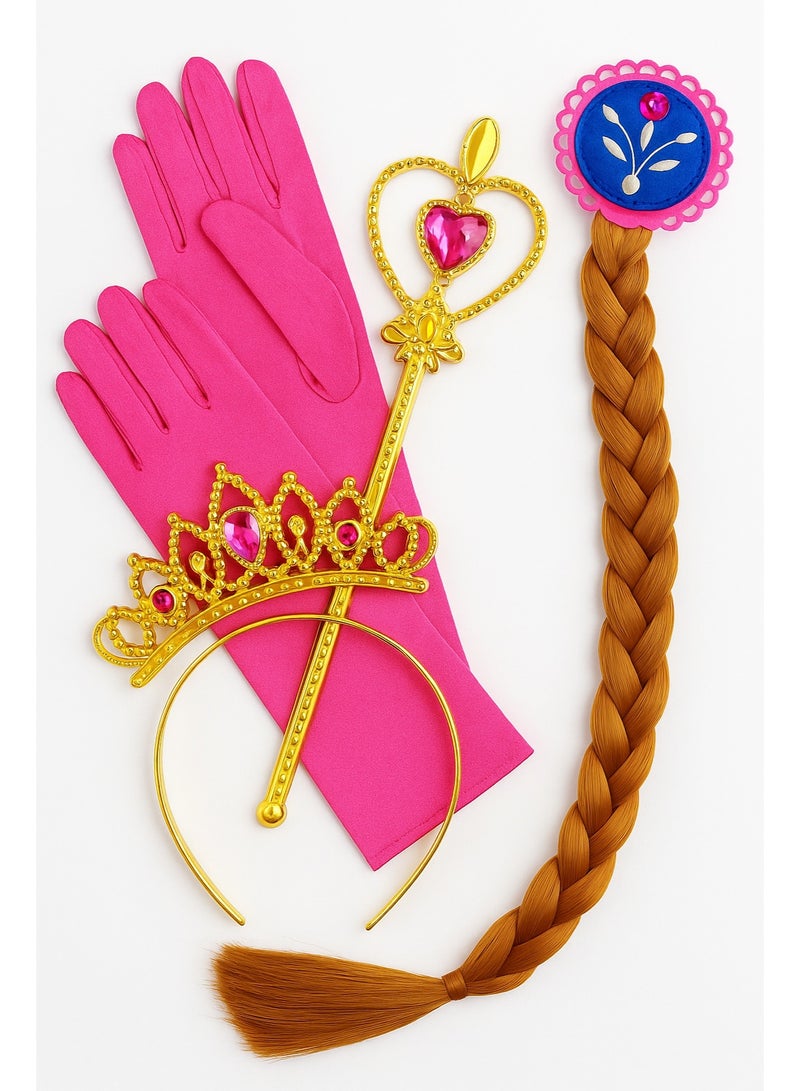 Rally Princess Costume Accessory Set for Girls – Gold Crown with Pink Rhinestones + Magic Wand + Blonde Hair Braid + Long Gloves – Suitable for Parties - Image 2