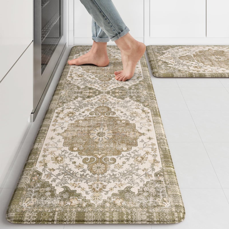 KIMODE Anti Fatigue Mats for Kitchen Floor 2 Piece Boho Floral Kitchen Rugs Non Slip Cushioned Kitchen Floor Mats Comfort Standing Desk Mat for Sink Laundry Desk Khaki Multi 17x4717x29