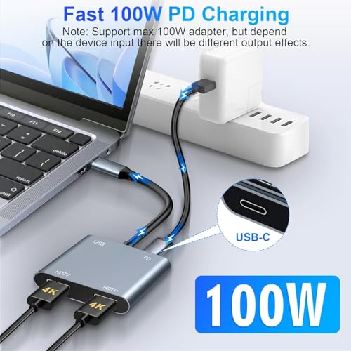 Ruhza US-B C to Dual HDMI Adapter 4K@60Hz, 4 in 1 USB C to H-DMI Adapter with 100W PD Charging, Type C to HD-MI Converter with 2 HDMI, PD, USB, USB C Hub Extended Display Compatible Thunderbolt 3 - Image 3
