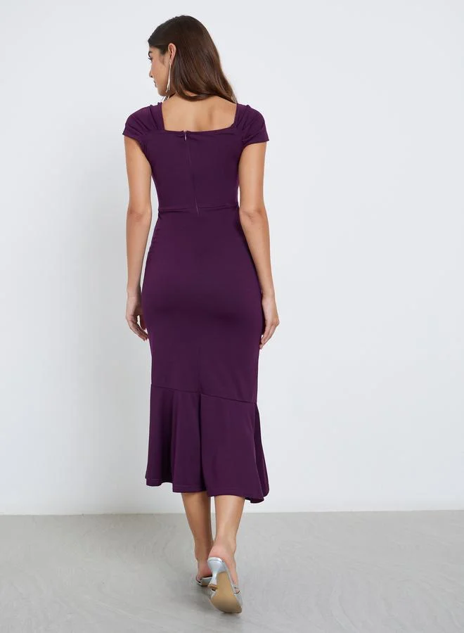 Styli  Styli Solid Off Shoulder Mermaid Hem Midi Dress for Women | Best Price UAE