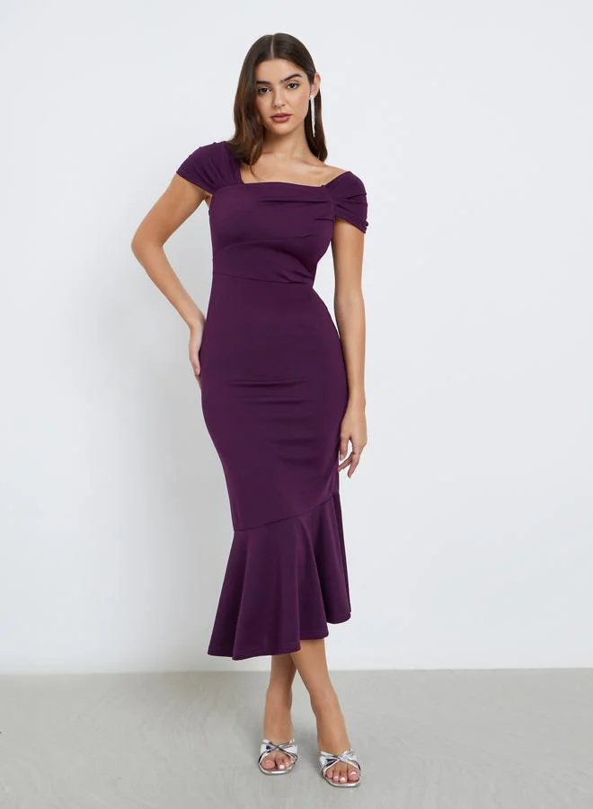 Styli  Styli Solid Off Shoulder Mermaid Hem Midi Dress for Women | Best Price UAE