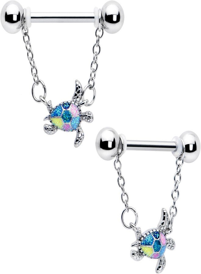 Body Candy 14G Womens Nipplerings Piercing 316L Stainless Steel 2Pc Glitter Turtle Sea Turtle Dangle Nipple Ring Set 9/16 - Image 1