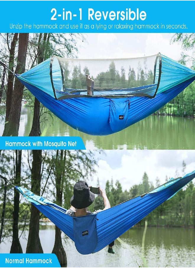 Large Camping Hammock With Mosquito Net 2 Person Pop-Up Parachute Lightweight Hanging Hammocks Tree Straps Swing Hammock Bed For Outdoor Backpacking Backyard Hiking (Blue/Light Blue)