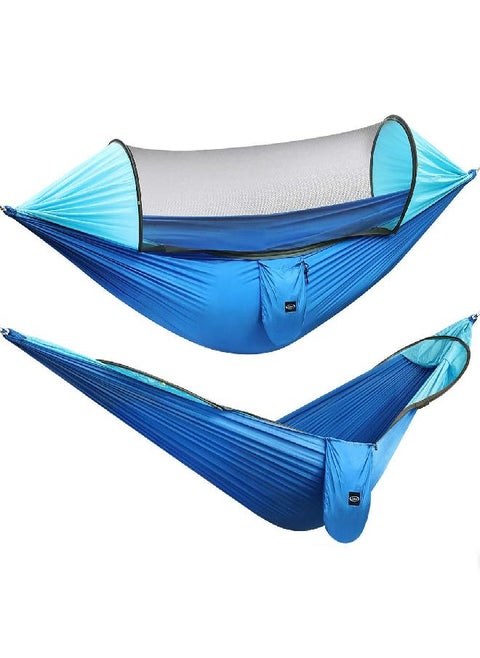 Large Camping Hammock With Mosquito Net 2 Person Pop-Up Parachute Lightweight Hanging Hammocks Tree Straps Swing Hammock Bed For Outdoor Backpacking Backyard Hiking (Blue/Light Blue)