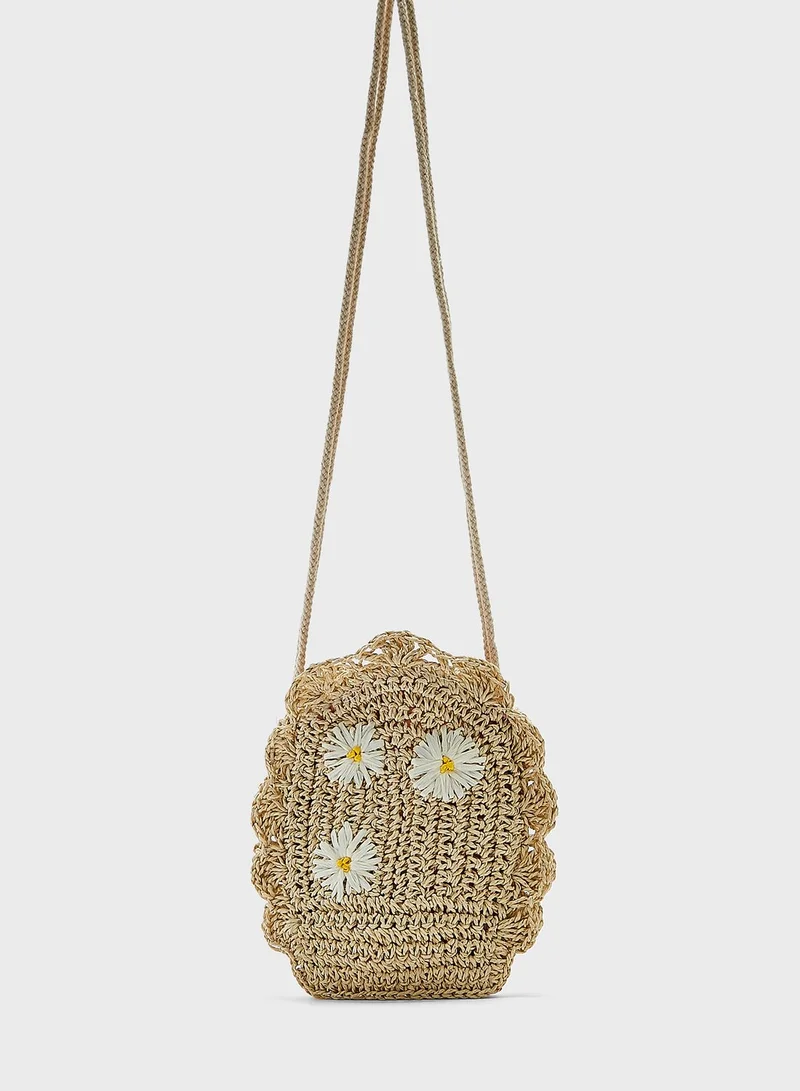 كوتون اون شنطة من القش مزينة بازهار للأطفال