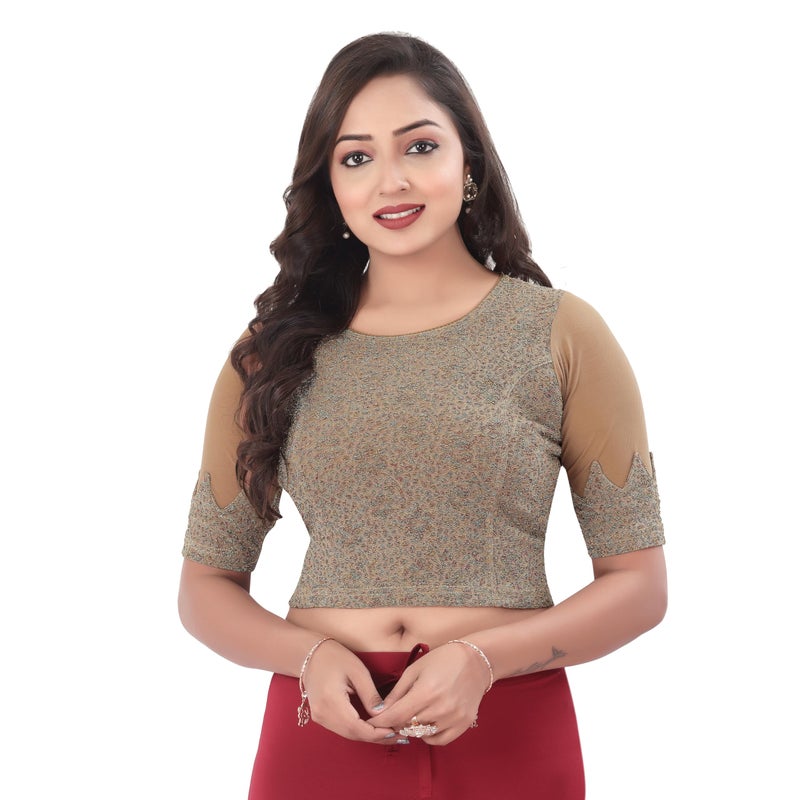 DESI GIRL - Round Neck Jacquard Regular Fit Saree Blouse for Women | Half Sleeve Readymade Stretchy Embroidered Design Festive Blouse Perfect for Saree, Lehenga, Kurti | Chiku - 36 - Image 4
