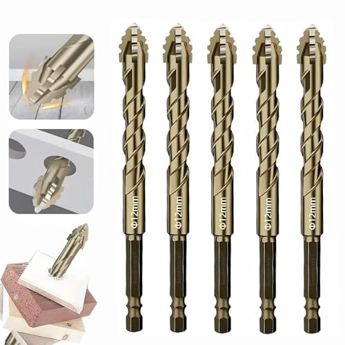 Sunkizzrs® 5-Pcs Hex Cross Sawtooth Tile Drill Bits Set — Alloy Steel Hex Shank High Impact 4-Edge Hole Opener Drill Bits for Ceramic Tiles/Ceramic/Glass/Marble/Concrete/Plastic/Wood (12mm) - Image 1
