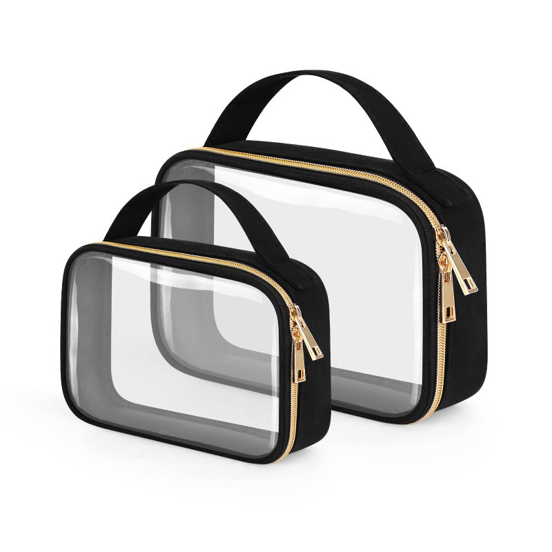 Wedama Clear Toiletry Bag, 2 Pack Clear Makeup Bags with Handles, PVC Cosmetic Bags for Women and Men, Large Opening Toiletry Bags, Black - Image 1