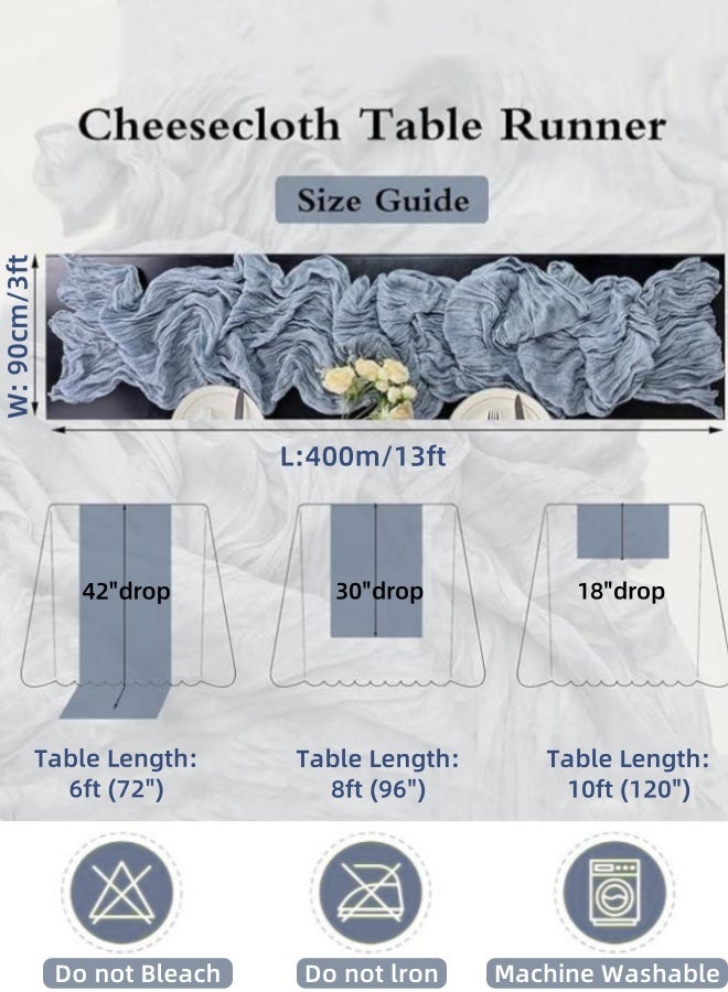 أوبتيكو مفرش طاولة من القماش القطني 4 أمتار، مفرش طاولة من الشاش الريفي الشفاف، قطعة مركزية من القماش القطني، ديكور طاولة بوهو، مفرش طاولة زفاف لحفلات استقبال الزفاف، ديكور حفلات الزفاف، 90*400 سم، أزرق - Image 2