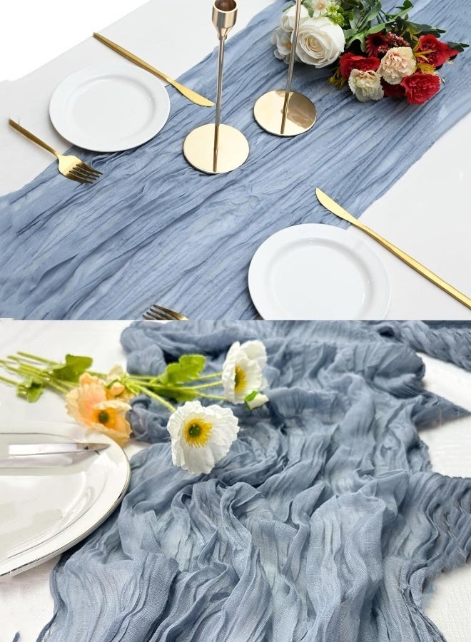 أوبتيكو مفرش طاولة من القماش القطني 4 أمتار، مفرش طاولة من الشاش الريفي الشفاف، قطعة مركزية من القماش القطني، ديكور طاولة بوهو، مفرش طاولة زفاف لحفلات استقبال الزفاف، ديكور حفلات الزفاف، 90*400 سم، أزرق - Image 5