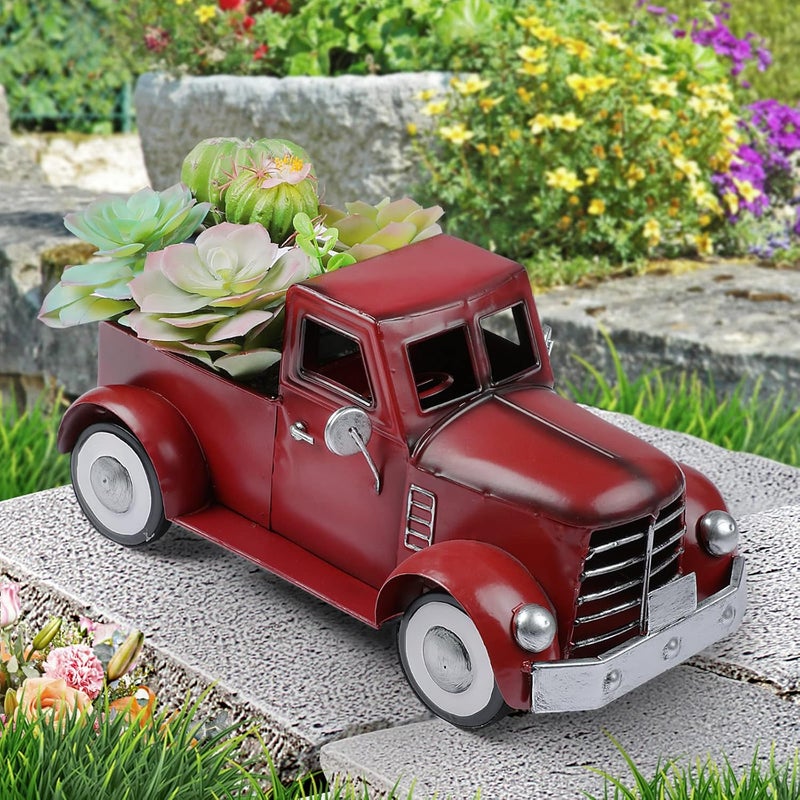 Addbliss Red Truck Farmhouse Table Decor, Farm Metal Car Trucks Basket for Indoor and Outdoor, Vintage Pick-up Desktop Storage, Decorative Home Christmas Decorations - Image 2