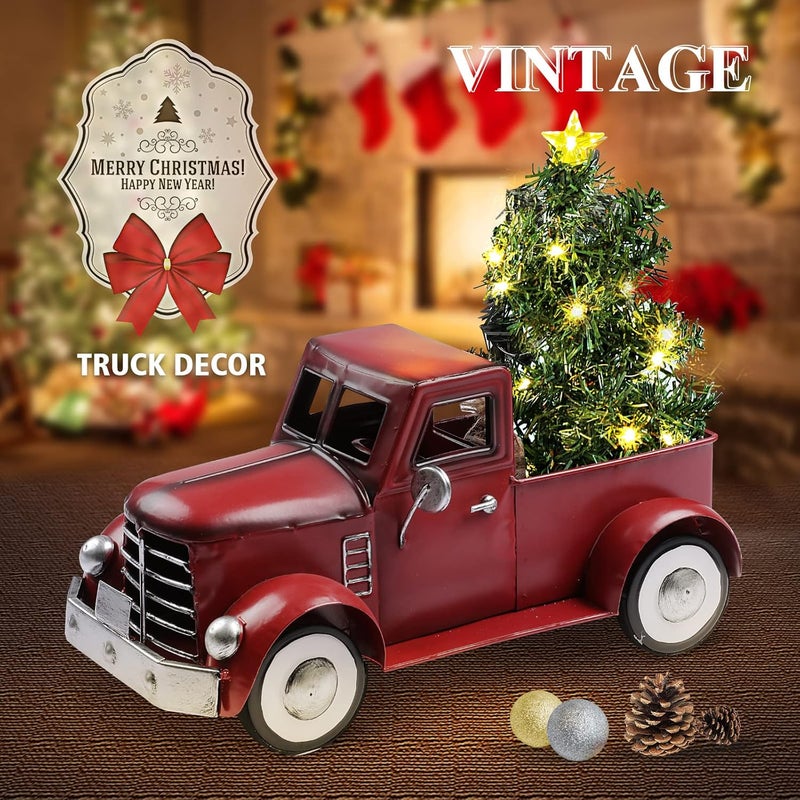 Addbliss Red Truck Farmhouse Table Decor, Farm Metal Car Trucks Basket for Indoor and Outdoor, Vintage Pick-up Desktop Storage, Decorative Home Christmas Decorations - Image 5