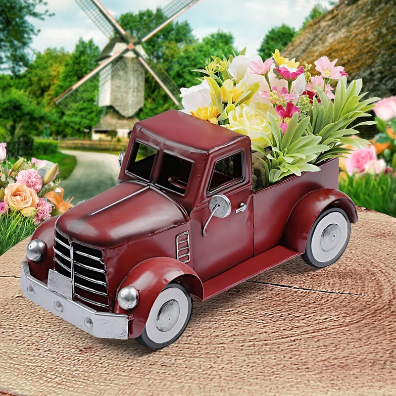 Addbliss Red Truck Farmhouse Table Decor, Farm Metal Car Trucks Basket for Indoor and Outdoor, Vintage Pick-up Desktop Storage, Decorative Home Christmas Decorations - Image 3