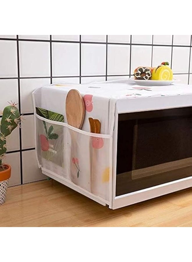 Decorative Microwave Oven Cover with Storage Pouches, Floral Print, White - Image 1