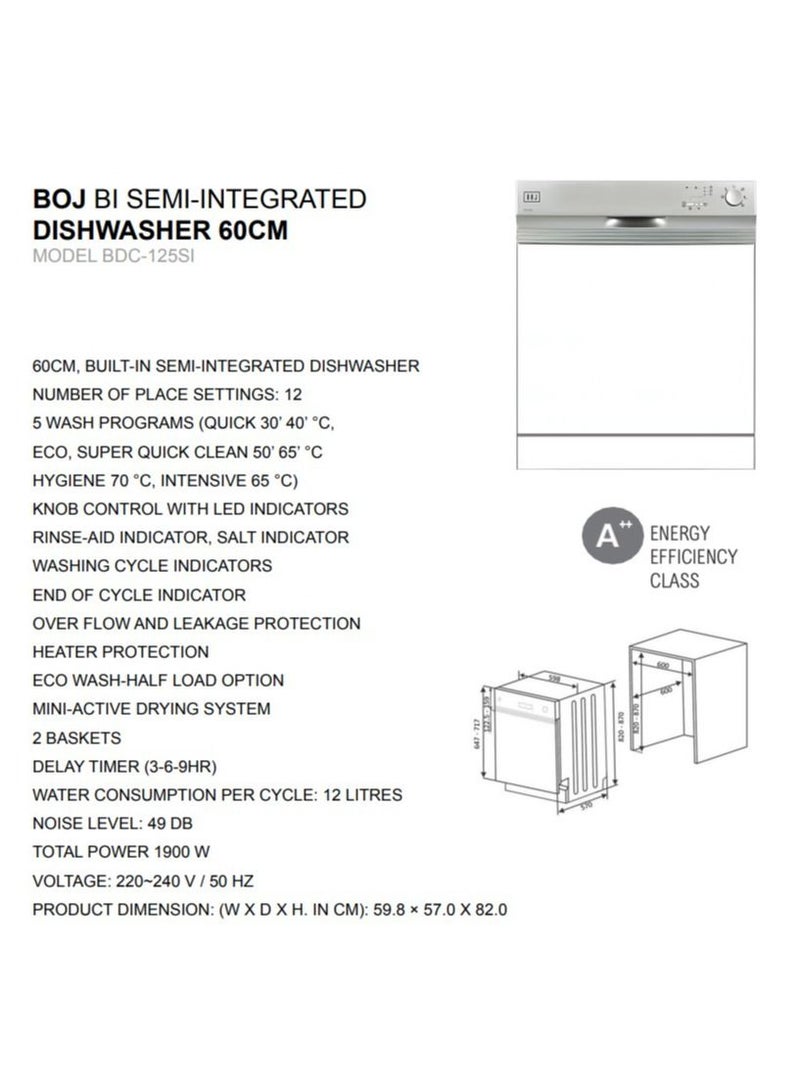BOJ 60CM Built In Semi Integrated Dishwasher BDC-125SI With 12 Number Of Place Settings 5 Wash Programs Water Saver An Innovation That Reduces Water Consumption Made in Turkey - Image 4