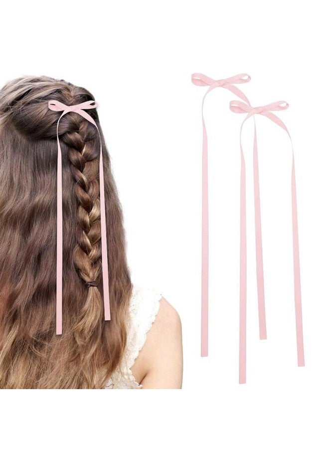 FAMEZA2 Pcs Luxury Hair Bows Clips For Women Girls, Hair Ribbon Bow Clip With Long Tail, Silky Satin Bowknot Hair Clips With Long Tassel 2PCS (Pink) - Image 1