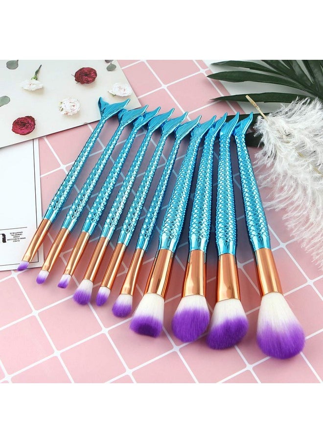 G-Texnik - Mermaid Makeup Brushes 10Pcs Professional Premium Makeup Brush Set Foundation Powder Eyeshadows Blending Blush Skin Care Products Brushes (Blue) - Image 1