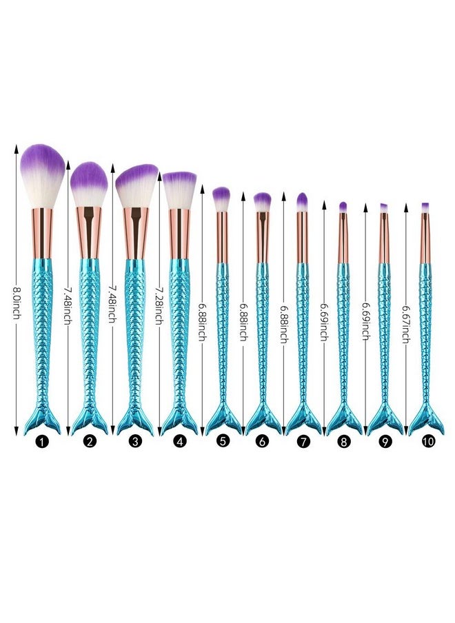 G-Texnik - Mermaid Makeup Brushes 10Pcs Professional Premium Makeup Brush Set Foundation Powder Eyeshadows Blending Blush Skin Care Products Brushes (Blue) - Image 1