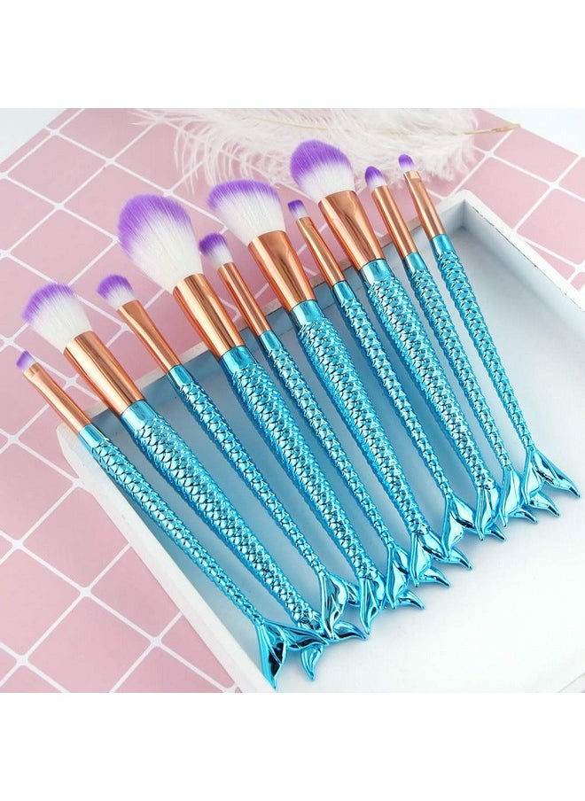 G-Texnik - Mermaid Makeup Brushes 10Pcs Professional Premium Makeup Brush Set Foundation Powder Eyeshadows Blending Blush Skin Care Products Brushes (Blue) - Image 1