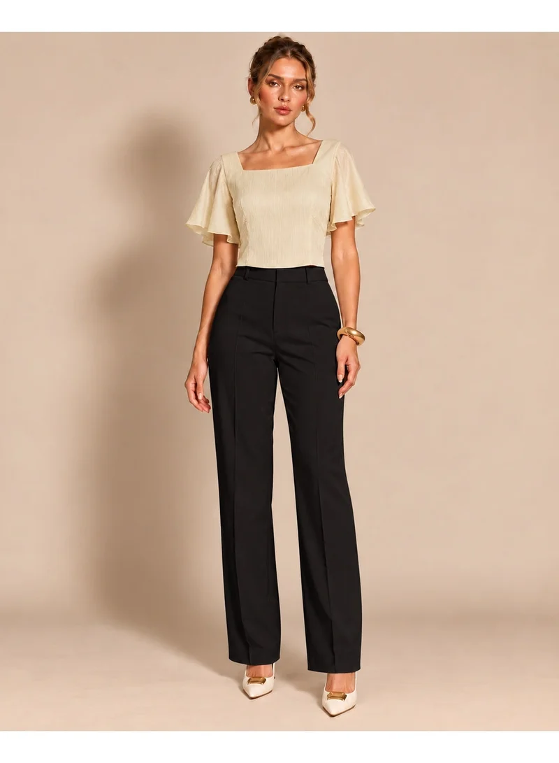 2Trendy Women's Off-White Crop Top with Square Neck, Wide Sheer Sleeves and Crinkle Texture
