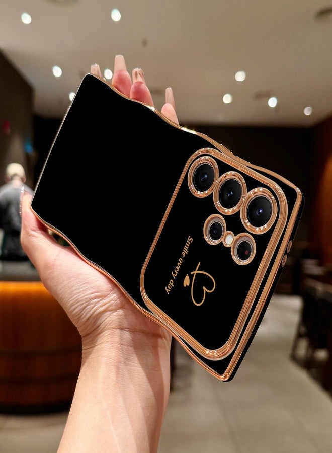 غطاء حماية كاميرا LCHULLE متوافق مع سامسونج جالاكسي S24 ألترا 5G، بتصميم قلب الحب، شكل مموج ومجعد، لون أسود، لحماية كاميرا الفتيات. - Image 2