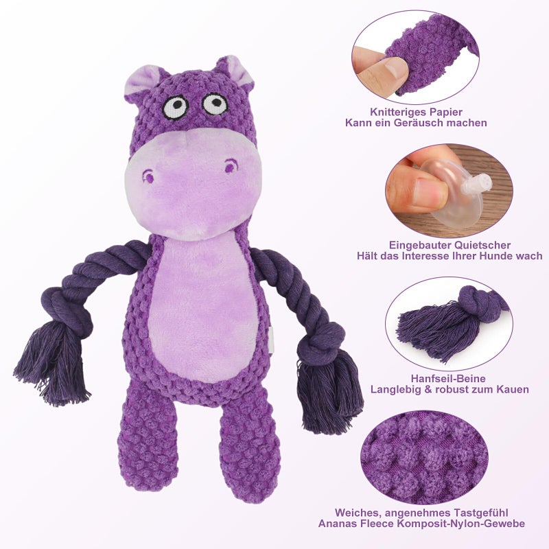 TONYFY Dog Toys, Dog Squeaker Toys with Crinkle Paper, Stuffed Animal Dog Plush Chewing Toy, Cotton Rope Interactive Toys for Puppy, Small, Middle Dogs (Purple Hippo) - Image 2