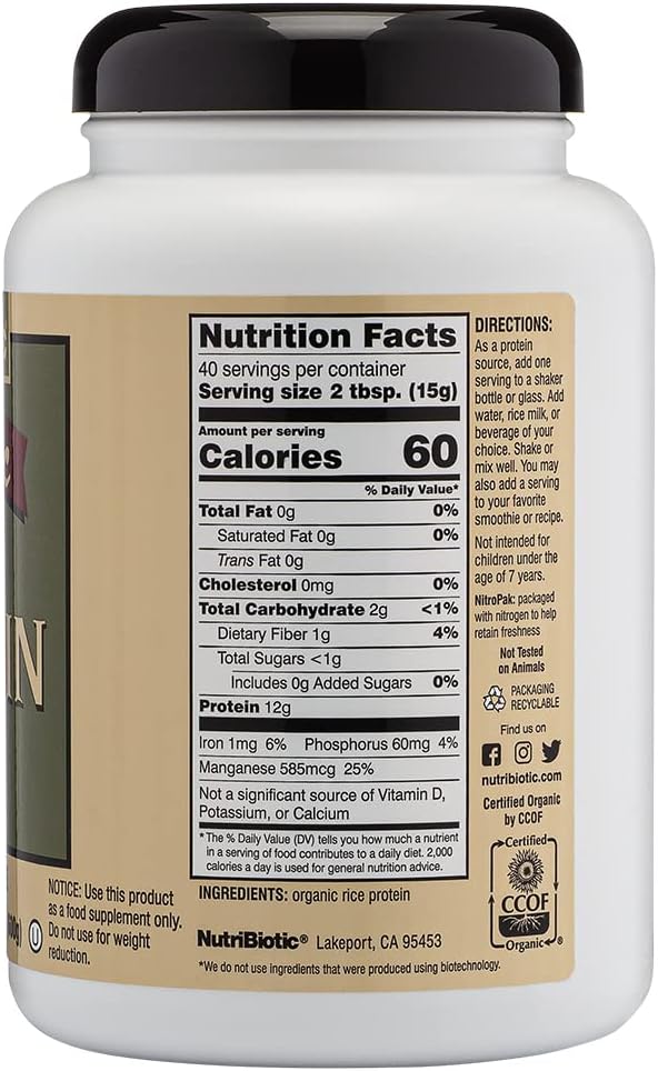NutriBiotic Certified Organic Plain Rice Protein 21 Ounce  Low Carbohydrate Vegan Protein Powder  Raw Certified Kosher  Keto Friendly  Made Without Chemicals GMOs  Gluten  Easy to Digest - Image 3