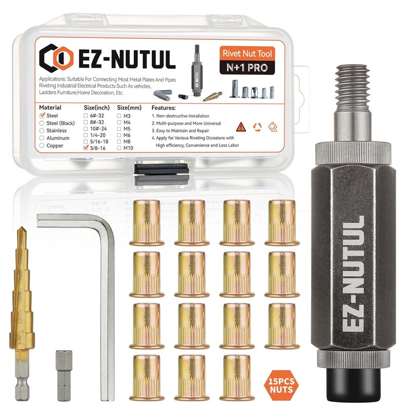 EZ-NUTUL مجموعة أدوات تركيب صمولة ريفيت رأس مسطح ريفنوت مجموعة صمولة مدخلة ملولبة SAE وميترية للمعادن الثقيلة مطلية بالزنك (3/8-16 (أداة صمولة ريفيت - 15 قطعة)) - Image 1