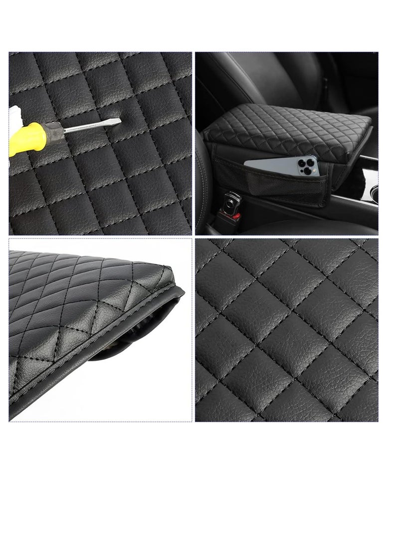 SYOSI Car Armrest Cushion, Carbon Fiber Leather Auto Center Console Pad, Memory Foam Armrest Box with Storage Bag, Universal Fit for Most Vehicles, Black, 1 Pcs  - Image 3