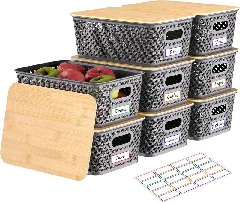 Anysig 8 Packs Plastic Storage Bins with Bamboo Lids - Stackable Storage Bins Decorative Small Basket Containers for Organizing Shelves Office Classroom Desktop Closet, Grey - Image 1