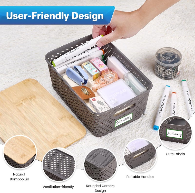 Anysig 8 Packs Plastic Storage Bins with Bamboo Lids - Stackable Storage Bins Decorative Small Basket Containers for Organizing Shelves Office Classroom Desktop Closet, Grey - Image 3
