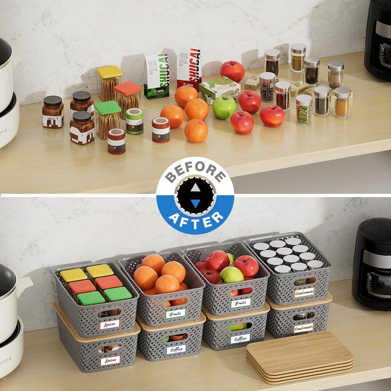 Anysig 8 Packs Plastic Storage Bins with Bamboo Lids - Stackable Storage Bins Decorative Small Basket Containers for Organizing Shelves Office Classroom Desktop Closet, Grey - Image 4