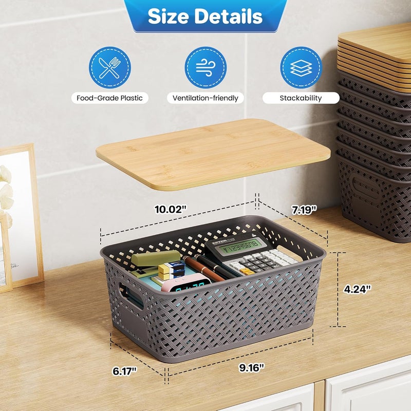 Anysig 8 Packs Plastic Storage Bins with Bamboo Lids - Stackable Storage Bins Decorative Small Basket Containers for Organizing Shelves Office Classroom Desktop Closet, Grey - Image 2