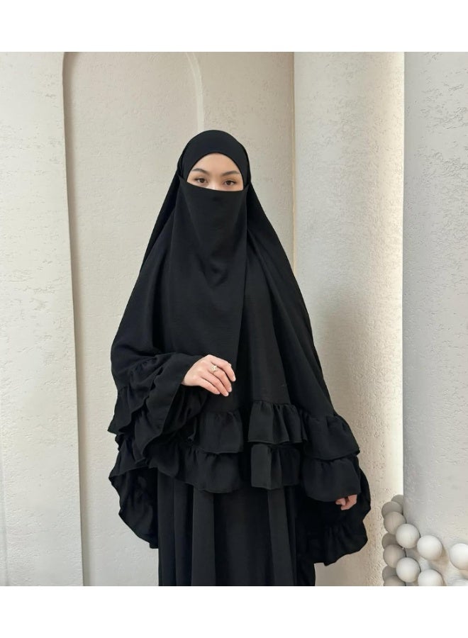 Ruffle-edged Muslim abaya + headscarf set, elegant and fashionable prayer attire, including a dress and a headscarf - Image 2