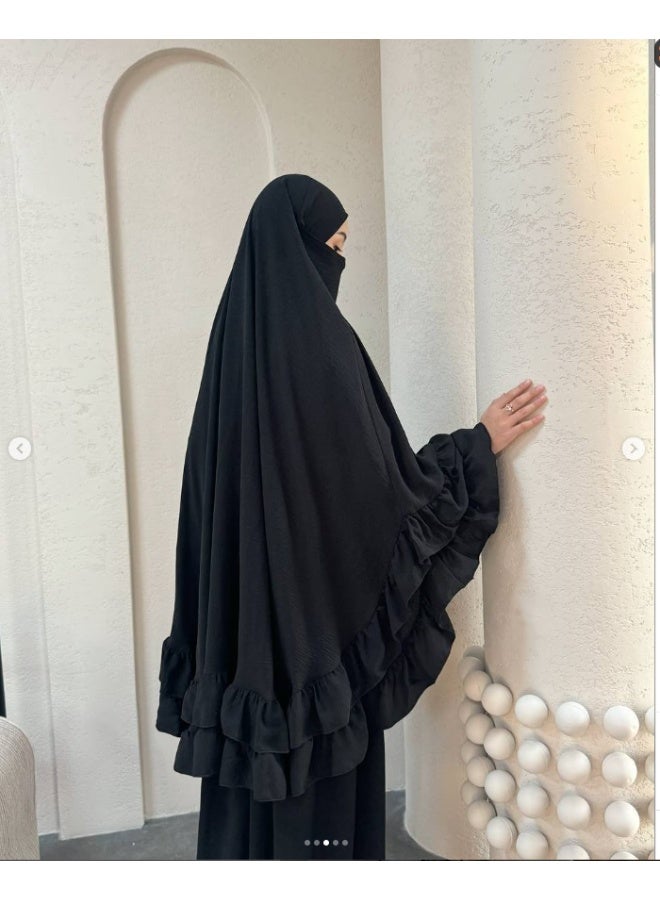 Ruffle-edged Muslim abaya + headscarf set, elegant and fashionable prayer attire, including a dress and a headscarf - Image 5