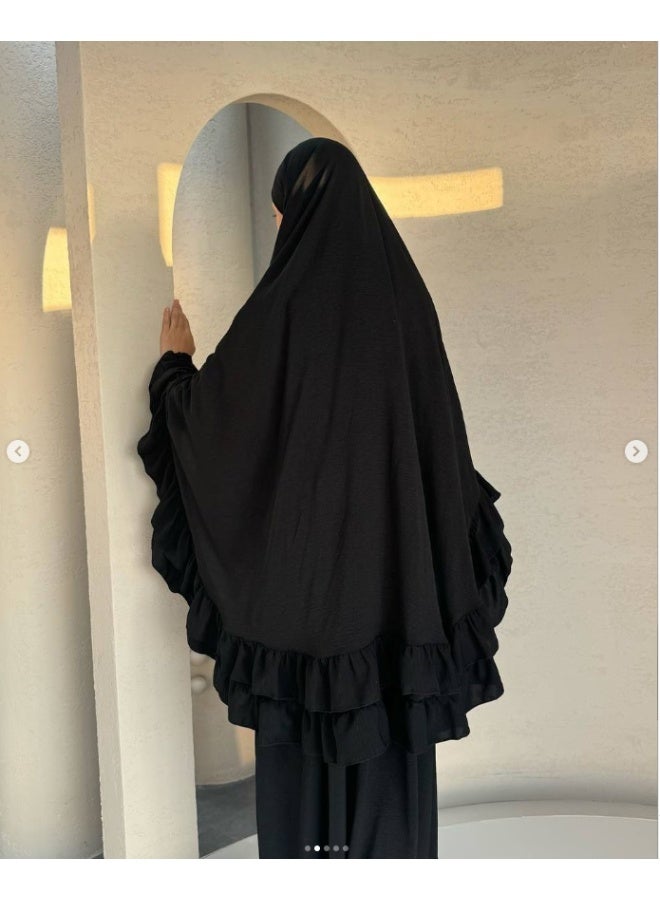 Ruffle-edged Muslim abaya + headscarf set, elegant and fashionable prayer attire, including a dress and a headscarf - Image 3