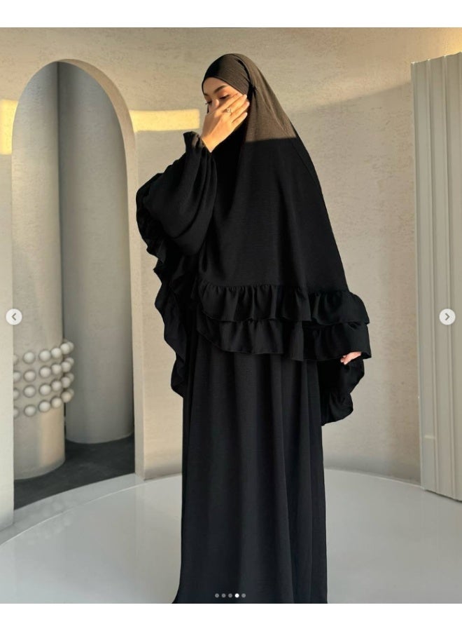 Ruffle-edged Muslim abaya + headscarf set, elegant and fashionable prayer attire, including a dress and a headscarf - Image 1