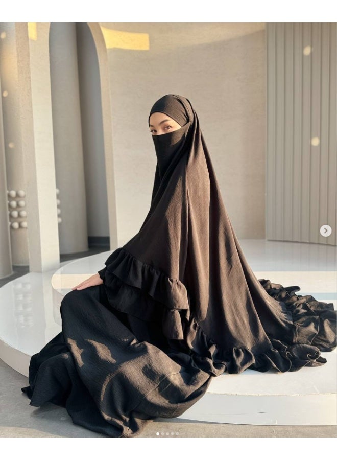 Ruffle-edged Muslim abaya + headscarf set, elegant and fashionable prayer attire, including a dress and a headscarf - Image 4