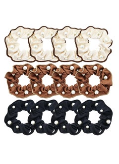 12 PCS Satin Silk Hair Scrunchies Soft Hair Ties, Silky Satin Pearl Hair Scrunchies Ponytail Holders Non Slip Hair Ties Bands Elastics for Women Girls Teens Kids (4-6 Inch, Black, Brown, Ivory)