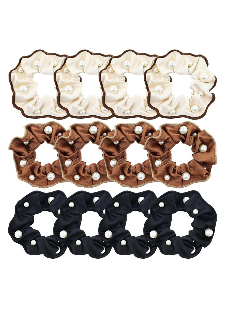 SYOSI - 12 PCS Satin Silk Hair Scrunchies Soft Hair Ties, Silky Satin Pearl Hair Scrunchies Ponytail Holders Non Slip Hair Ties Bands Elastics for Women Girls Teens Kids (4-6 Inch, Black, Brown, Ivory) - Image 1