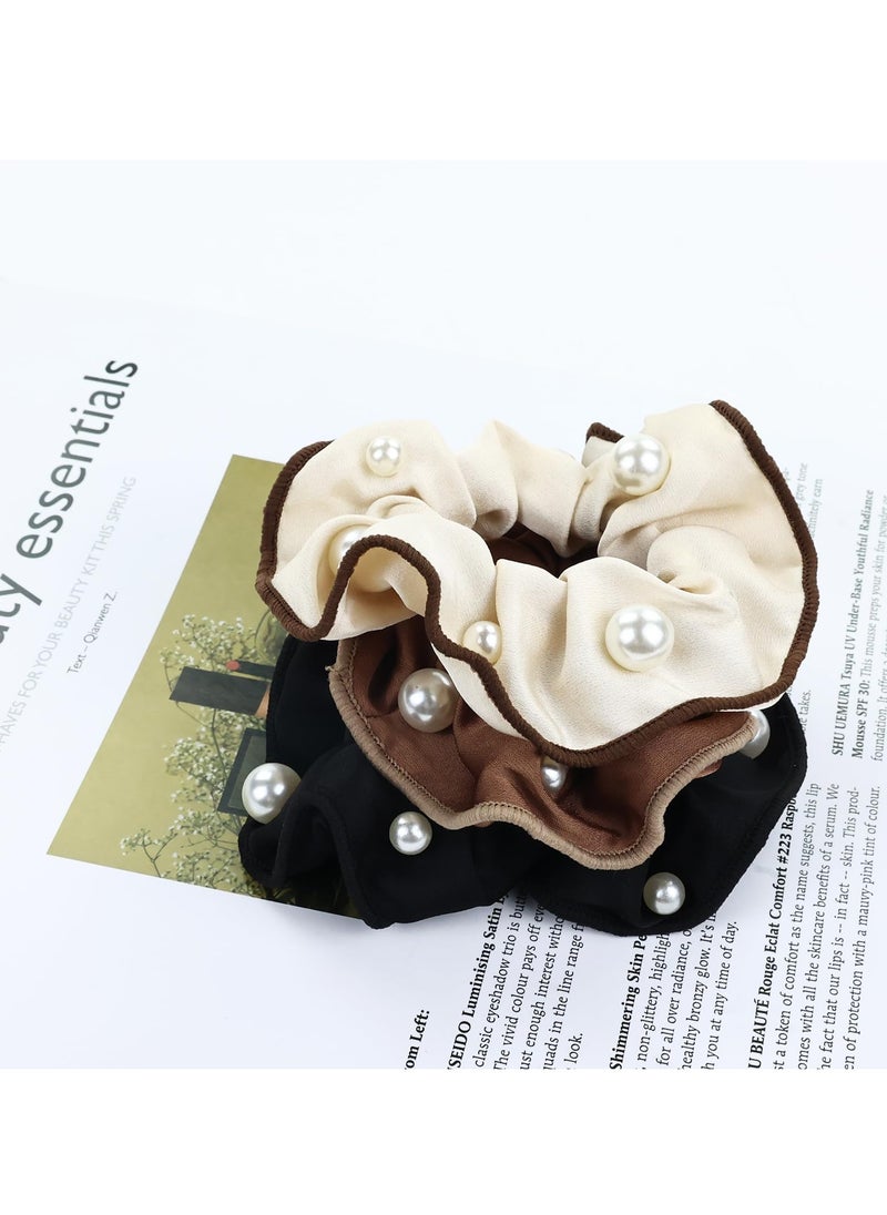 SYOSI - 12 PCS Satin Silk Hair Scrunchies Soft Hair Ties, Silky Satin Pearl Hair Scrunchies Ponytail Holders Non Slip Hair Ties Bands Elastics for Women Girls Teens Kids (4-6 Inch, Black, Brown, Ivory) - Image 1