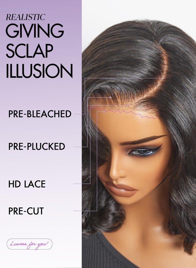 LUVME HAIR 100% Human Hair Wigs Loose Wave Glueless Lace Front 14 Inches, Pre Cut Plucked Hd Lace Short Wig Ready To Go Natural Color Straight Bleached Knots Side Part Black Wigs - Image 4