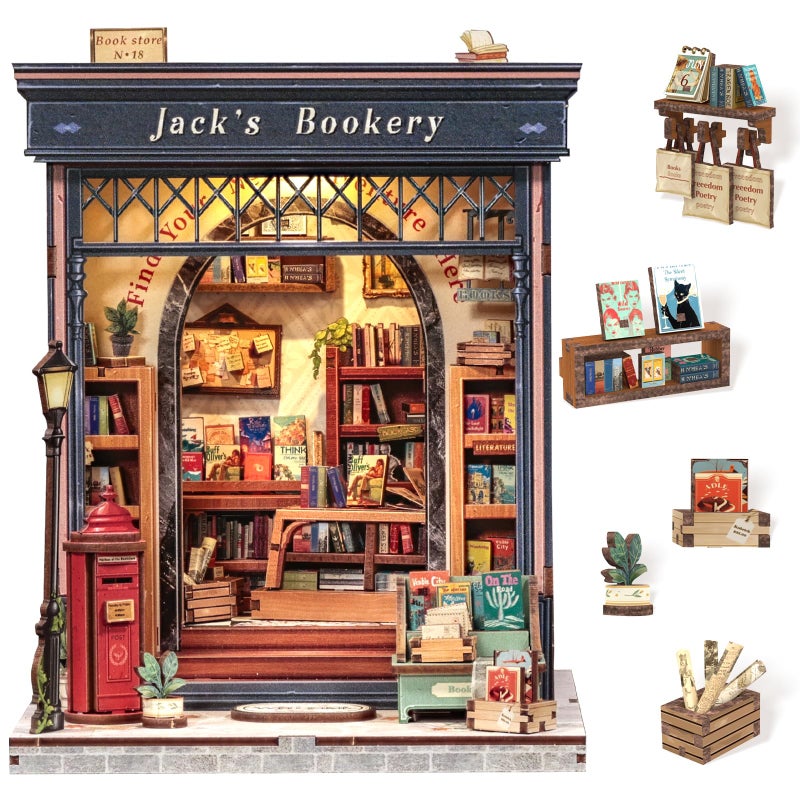 Cutefun Book Nook Kit DIY Miniature Dollhouse Library Kit for Adults and Teens Tiny House Building Bookshelf Insert Decor with LED Light Gifts for Family and Friends Jacks Bookery - Image 3