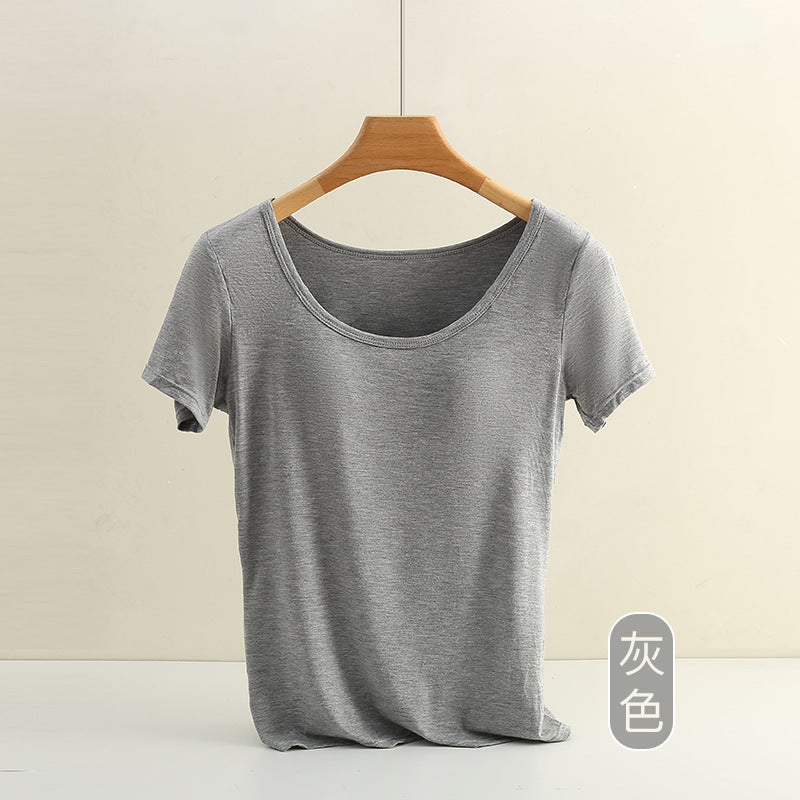 Summer modal womens undershirt one-piece wear-free bra Seamless T-shirt short sleeve womens plus size sports base 613# Gray - Image 1