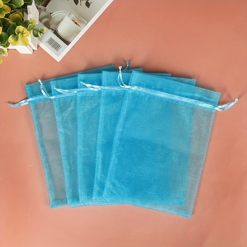 100 Lake Blue Organza Gift Bags 3.54x4.72 Inch Drawstring Sheer for Party - Image 2