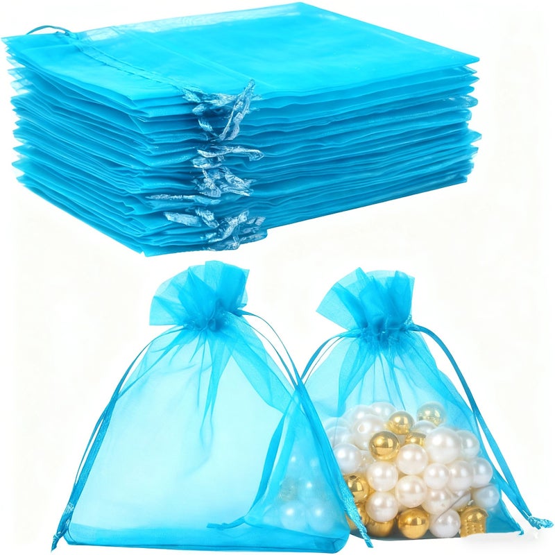 100 Lake Blue Organza Gift Bags 3.54x4.72 Inch Drawstring Sheer for Party - Image 1