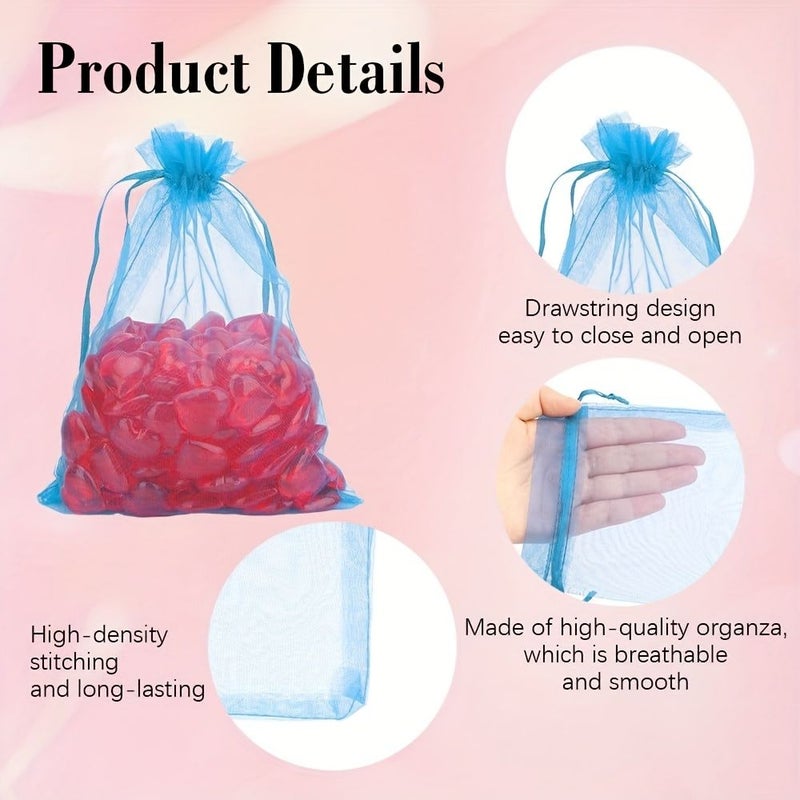 100 Lake Blue Organza Gift Bags 3.54x4.72 Inch Drawstring Sheer for Party - Image 5