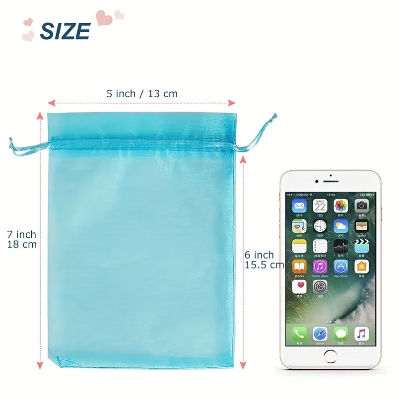 100 Lake Blue Organza Gift Bags 3.54x4.72 Inch Drawstring Sheer for Party - Image 3