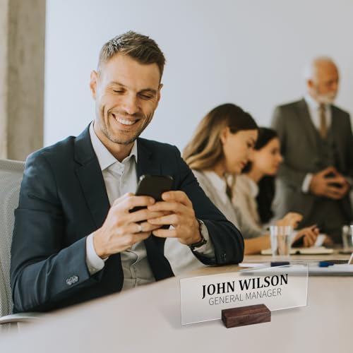 Memorywuu 6 Set Blank Acrylic Custom Name Plate - 2.95x8 Inch (2mm Thick) with Wooden Base, Desk Tags for Office/home/teacher, Ideal for Wedding Place Cards & Holiday Decor(Walnut Color) - Image 2